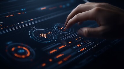 Fototapete - A close-up of a hand interacting with a high-tech digital interface, showcasing glowing elements and intricate designs.