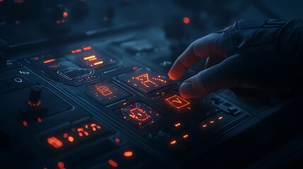 Fototapete - A hand manipulates glowing buttons on a futuristic control panel, showcasing intricate circuitry and vibrant orange lights in a dark setting.