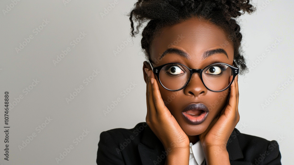 Woman with a shocked and wide-eyed expression, wearing glasses and ...