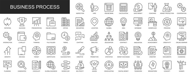 Business process web icons set in thin line design. Pack of inspection, hire, calculation money, coaching, protection, cooperation, success, task, other outline stroke pictograms. Illustration.