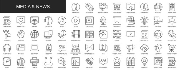 Poster - Media and news web icons set in thin line design. Pack of phone post, likes, blogger, interview, video, favorite, influence, dialogue, influence, other outline stroke pictograms. Illustration.
