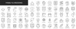 © alexdndz - Family and wedding web icons set in thin line design. Pack of relationship, love triangle, banquet, church, flower bouquet, care, support, photos, other outline stroke pictograms. Illustration.