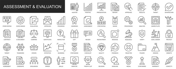 Poster - Assessment and evaluation web icons set in thin line design. Pack of auditor, presentation, report, results, target, satisfaction, rating, award, other outline stroke pictograms. Illustration.