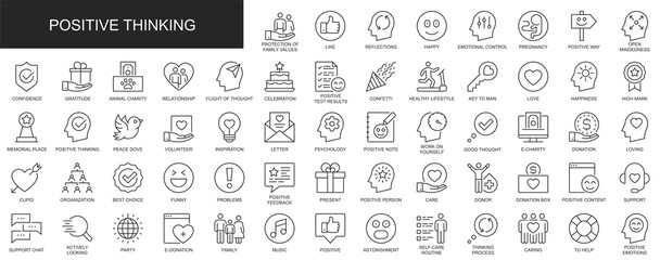 Poster - Positive thinking web icons set in thin line design. Pack of family value, reflection, emotional control, confidence, gratitude, relationship, other outline stroke pictograms. Illustration.