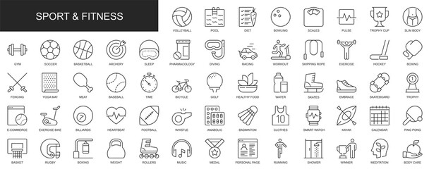Poster - Sport and fitness web icons set in thin line design. Pack of volleyball, pool, diet, scales, pulse, gym, pharmacology, workout, exercise, boxing, other outline stroke pictograms. Illustration.