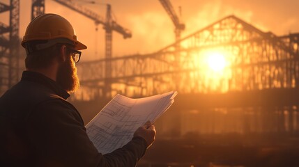Poster - A construction worker reviews blueprints at sunset, surrounded by cranes and a building site, capturing the essence of progress and hard work.