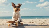 A small dog with sunglasses sits on a skateboard on the beach.