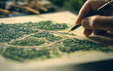 Fototapete - A hand sketches a detailed map of a green landscape, showcasing roads and trees, highlighting artistry in landscape design.