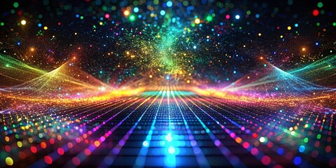 Abstract digital landscape with colorful light streaks, glowing particles, and a grid pattern