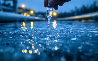 Fototapete - A hand pours liquid into a body of water, creating ripples under ambient light, capturing a serene and tranquil moment.