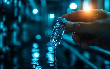 Poster - A hand holds a small vial, dripping water, set against a blurred, illuminated background, evoking a sense of precision and scientific exploration.