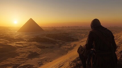 Wall Mural - Panoramic View of the Great Pyramids of Giza at Sunrise with Silhouetted Traveler, Expansive Golden Desert, Ancient Egyptian Landscape