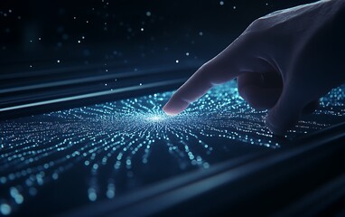 Leinwandbilder - A hand touches a glowing digital interface filled with blue particles, symbolizing technology and interaction in a futuristic setting.
