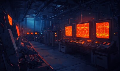 Poster - A dimly-lit control room with glowing orange screens and machinery, creating a high-tech, industrial atmosphere.