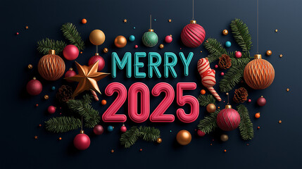 Poster - MERRY 2025 is bright and colorful festive design featuring ornaments, stars, and pine branches, creating joyful holiday atmosphere
