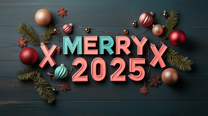 Aufkleber - MERRY XMAS 2025 displayed in vibrant colors with festive decorations, creating joyful holiday atmosphere. Perfect for celebrating season!
