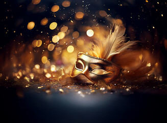 Aufkleber - A golden masquerade mask with a feather lies on a table surrounded by confetti and bokeh lights.