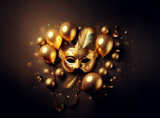 Aufkleber - A golden masquerade mask is surrounded by balloons, confetti, and feathers on a dark background.