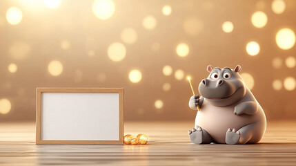 Poster - charming hippopotamus holding chalk stick next to blank frame, surrounded by warm bokeh lights, creating playful and inviting atmosphere