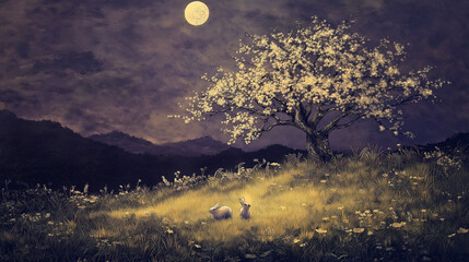 Wall Mural - moon over the forest, moon and trees, A field at night, a rabbit under the moonlight, a rabbit in the field