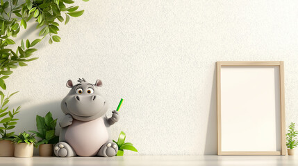 Poster - cute hippo holding green chalk near blank frame, surrounded by plants, creates playful and inviting atmosphere. Perfect for children decor or educational themes