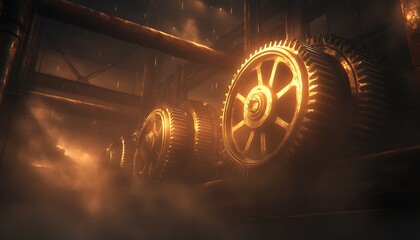 Poster - A close-up view of illuminated gears in a smoky environment, showcasing intricate details and a warm glow.