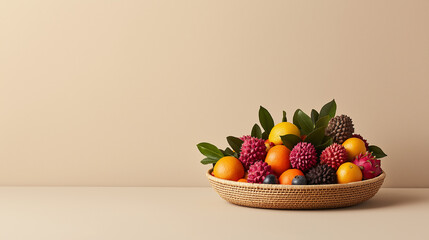Aufkleber - fruit basket brimming with exotic fruits like dragon fruit, oranges, and lychee, beautifully arranged with green leaves, creating vibrant and colorful display