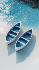 Two small boats are pulled up on a sandy beach by the clear blue water