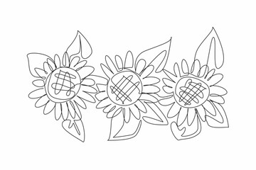 Wall Mural - Single continuous line drawing some sunflowers with their leaves. Growing in bloom. Summer with beautiful plants to behold. Good source of antioxidants. Kansas Day. One line design vector illustration