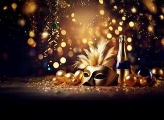 Aufkleber - A gold masquerade mask with feathers lies on a table with a champagne bottle, confetti and balloons.