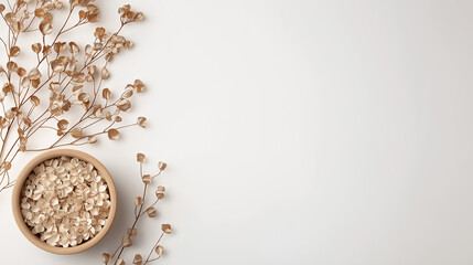 Poster - Elegant arrangement of dried flowers and bowl of petals on light background, creating serene and minimalist aesthetic. Perfect for home decor or nature themed designs