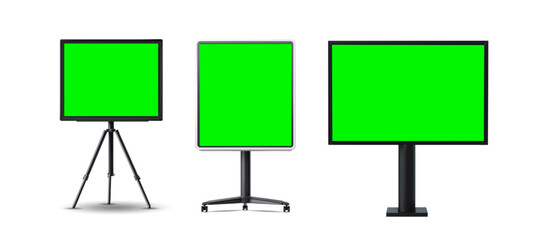 Fototapete - Set of Three Display Stands with Green Screens on White Background