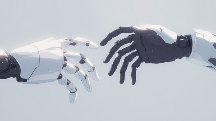 Poster - A human hand extends towards a robotic hand, illustrating the merging of technology and humanity in a moment of connection. Generative AI