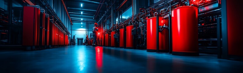 Poster - A modern industrial space with illuminated red cylinders and a blue-lit ambiance, creating a captivating contrast and an engaging atmosphere.