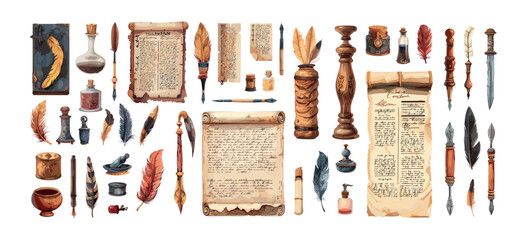 Wall Mural - calligraphy lettering accessories cartoon vector set. vial flask scroll inkwell manuscripts paper kn
