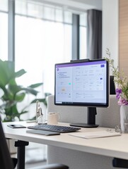 Leinwandbilder - This office space showcases an adjustable height desk, a computer monitor, a keyboard, and plant decor, creating a productive environment. Generative AI