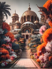 Fantastical garden scene leading up to the Egyptian Saint Mark's Coptic Orthodox Cathedral