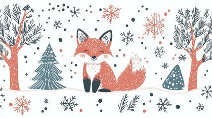 Wall Mural - a scandinavian style christmas illustration with a cute little fox