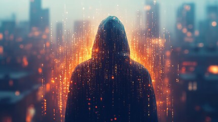 Closeup of a programmer in a hoodie, illuminated by screens displaying fastmoving code, focus on secrecy, focus on, hacker aesthetic, futuristic, Multilayer, dark office backdrop