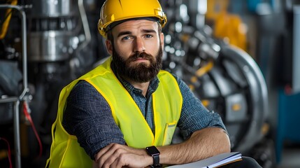 Aufkleber - A focused engineer wearing a yellow safety vest and helmet sits with a notebook examining machinery and equipment in an industrial engine room or factory setting