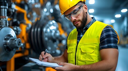 Aufkleber - Close up shot of a focused and professional engineer in a yellow vest and helmet working intently on a notebook in an industrial engine room or workshop setting