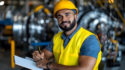Leinwandbilder - Professional Industrial Engineer Wearing Safety Gear Sitting in Front of Notebook Analyzing Equipment and Machinery in an Engine Room Setting