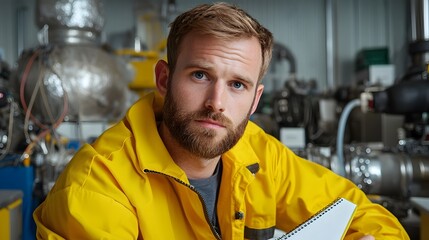 Leinwandbilder - Professional engineer in yellow safety gear sitting in front of a notebook surrounded by industrial machinery in an engine room focusing on technical tasks and project analysis