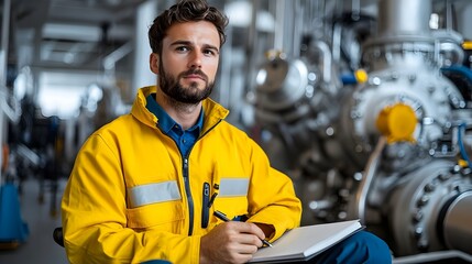 Aufkleber - Focused Professional Engineer in Yellow Safety Gear Sitting with Notebook Concentrating on Industrial Machinery and Equipment Tasks in Engine Room Factory Setting
