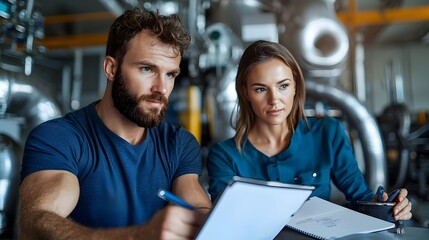 Poster - Two engineers a man and a woman sitting in front of a notebook