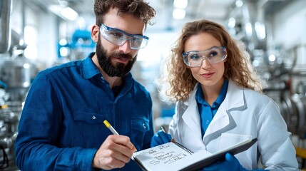 Two engineers a man and a woman working together on a project in an engine room environment with fair lighting discussing project details and collaborating to find solutions