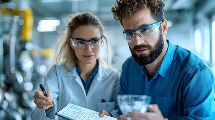 Poster - Two engineers a male and a female using a notebook to discuss project details in a collaborative environment of an engine room setting with fair lighting