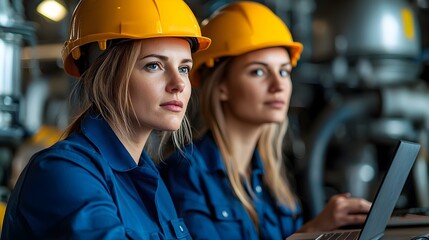 Fototapete - Two engineers a man and a woman wearing safety helmets sitting in front of a notebook computer focused on their work in an engine room with fair lighting