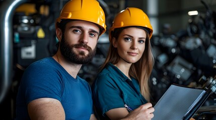 Aufkleber - Two engineers a man and a woman wearing safety helmets sitting together at a notebook in an industrial setting with equipment and machinery in the background