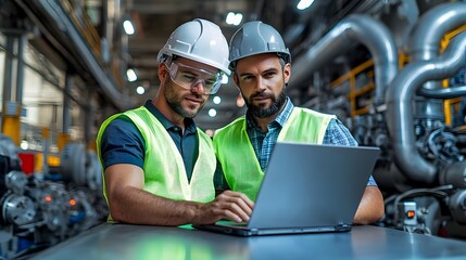 Leinwandbilder - Two engineers wearing reflective safety vests and helmets collaborating on a laptop in an engine room setting  The fair lighting creates a focused and productive work environment